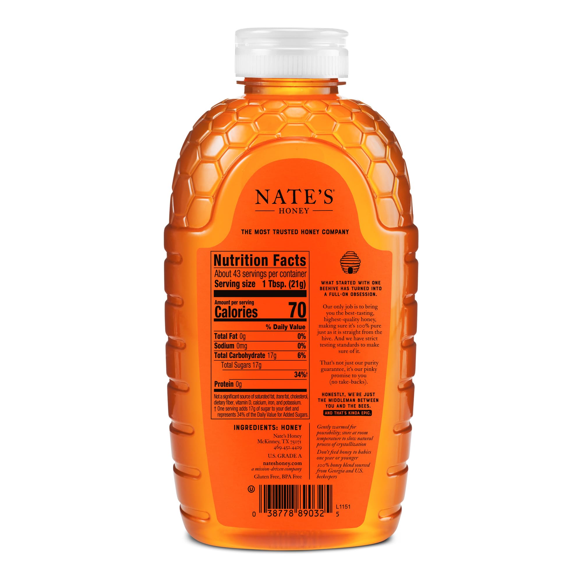 Nate's Honey Georgia raw unfiltered bottle front displays the product in a convenient 32oz format