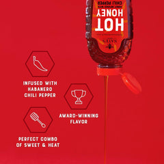 Pouring Nate's Hot Honey to add sweet-heat to dishes.