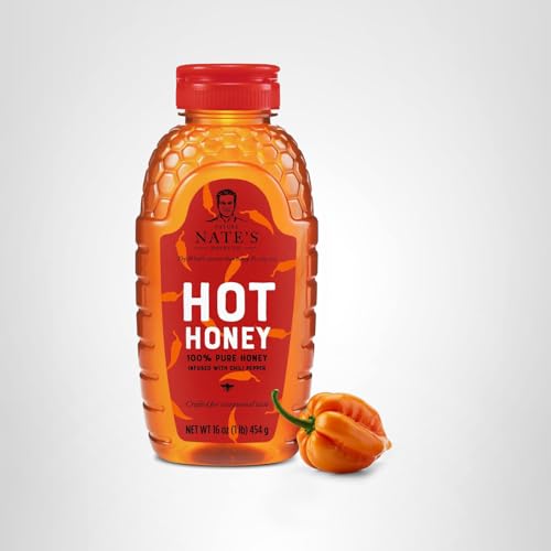 Nate's Hot Honey bottle on kitchen shelf ready to use.