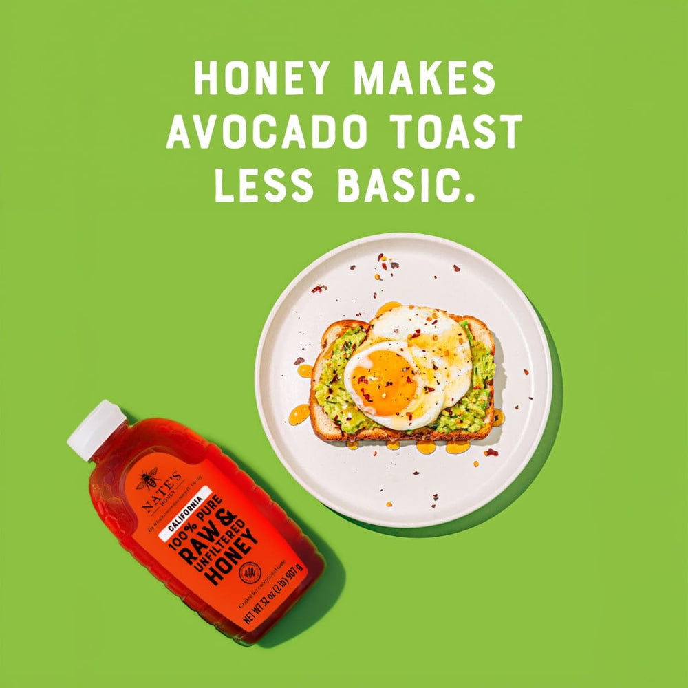 Nate's Honey from local beekeepers in California, supporting sustainable pollinators.