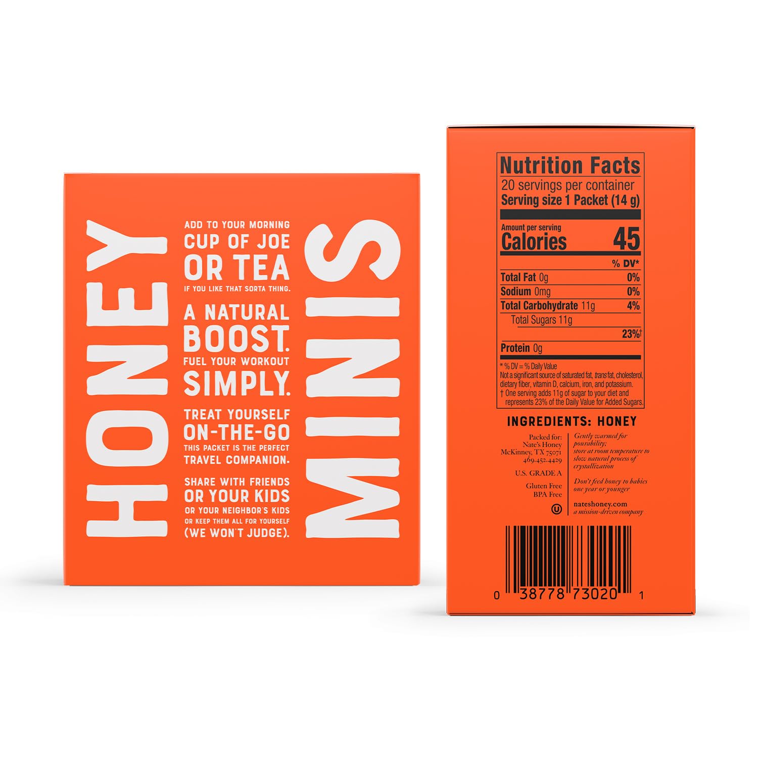Nate's Honey Minis tear-top opening for easy, mess-free dispensing.