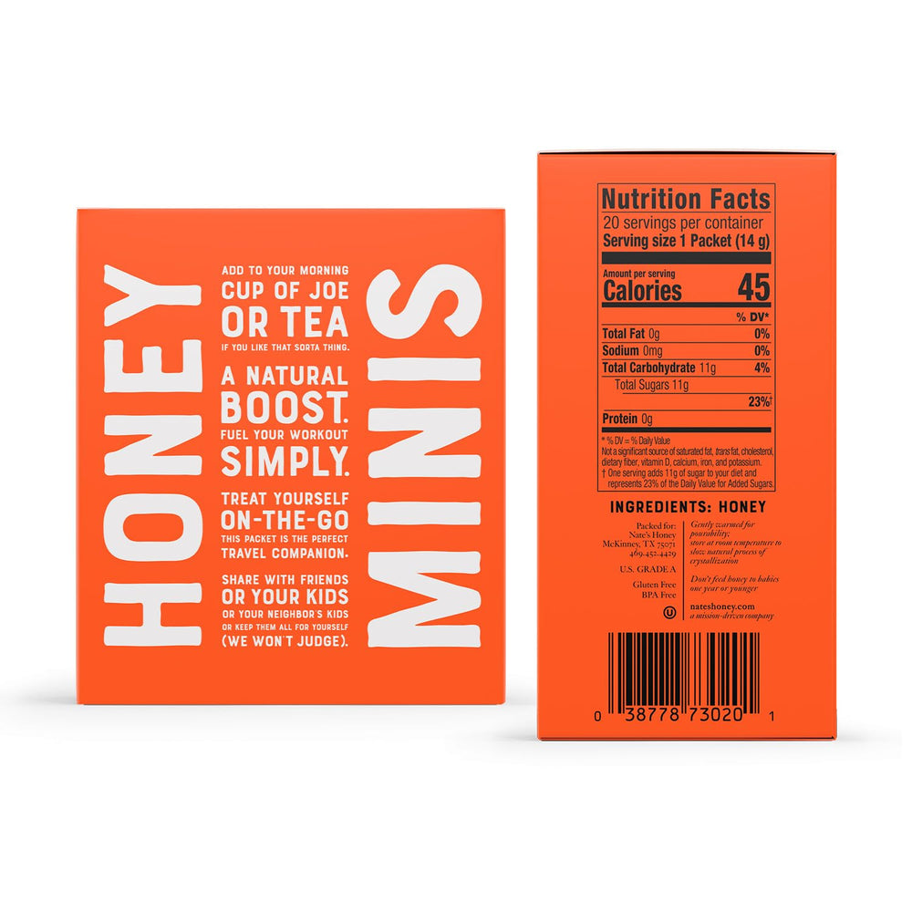 Nate's Honey Minis tear-top opening for easy, mess-free dispensing.