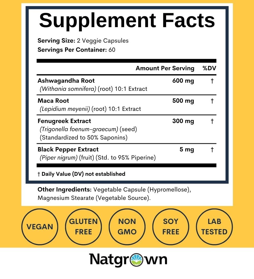 Natgrown ashwagandha-maca-root capsules closeup: high-quality herbal blend.