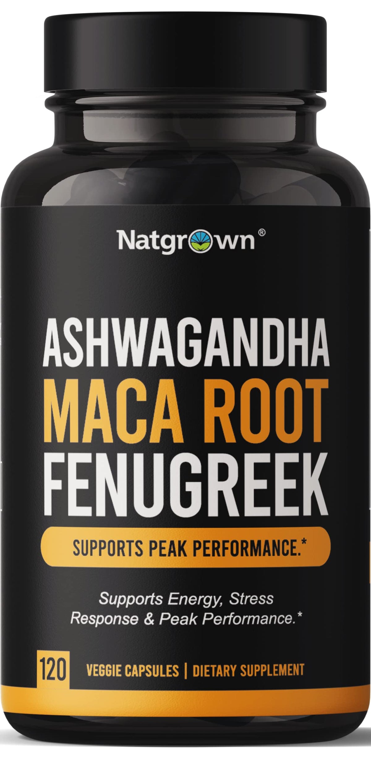Natgrown ashwagandha-maca-fenugreek capsules bottle: vegan daily energy support.