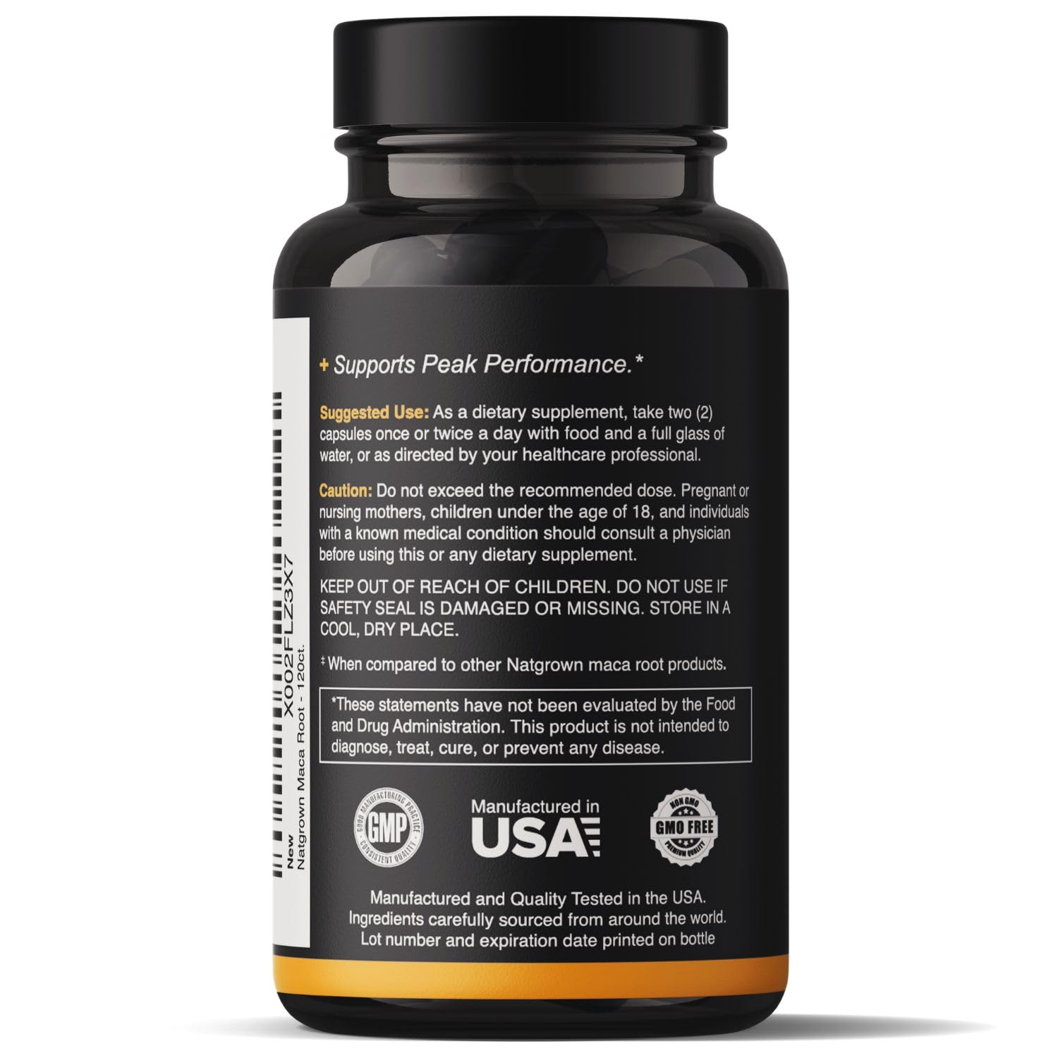 Close-up of Natgrown maca bottle emphasizing 120-count packaging