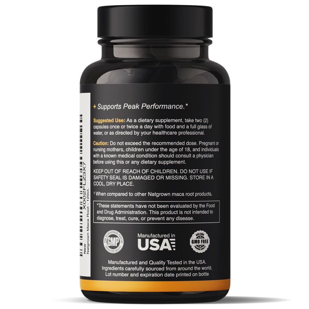 Close-up of Natgrown maca bottle emphasizing 120-count packaging