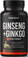 Natgrown Panax Ginseng & Ginkgo Biloba bottle front with vegan capsules for daily focus