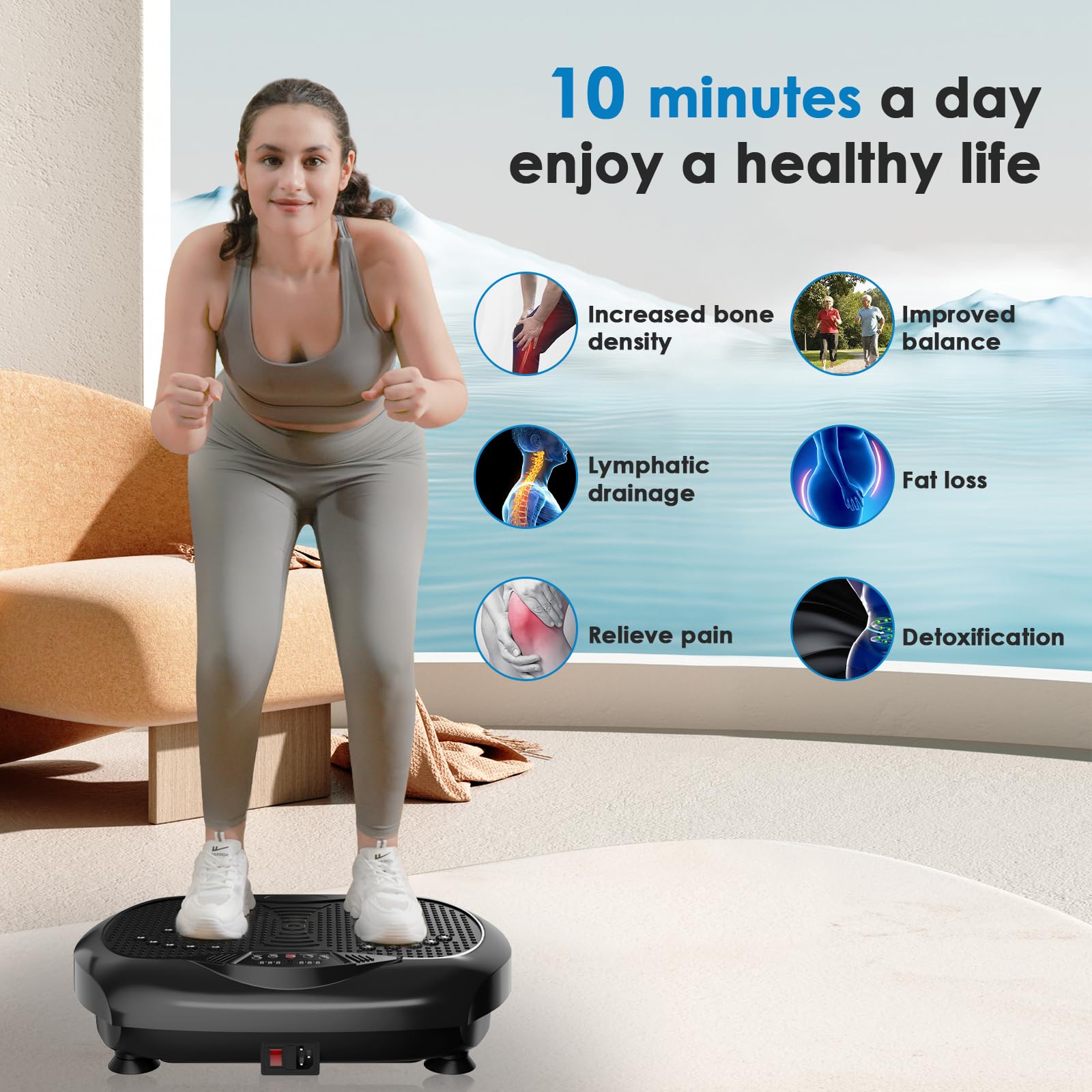 Natini vibration plate side view highlighting compact design for small spaces