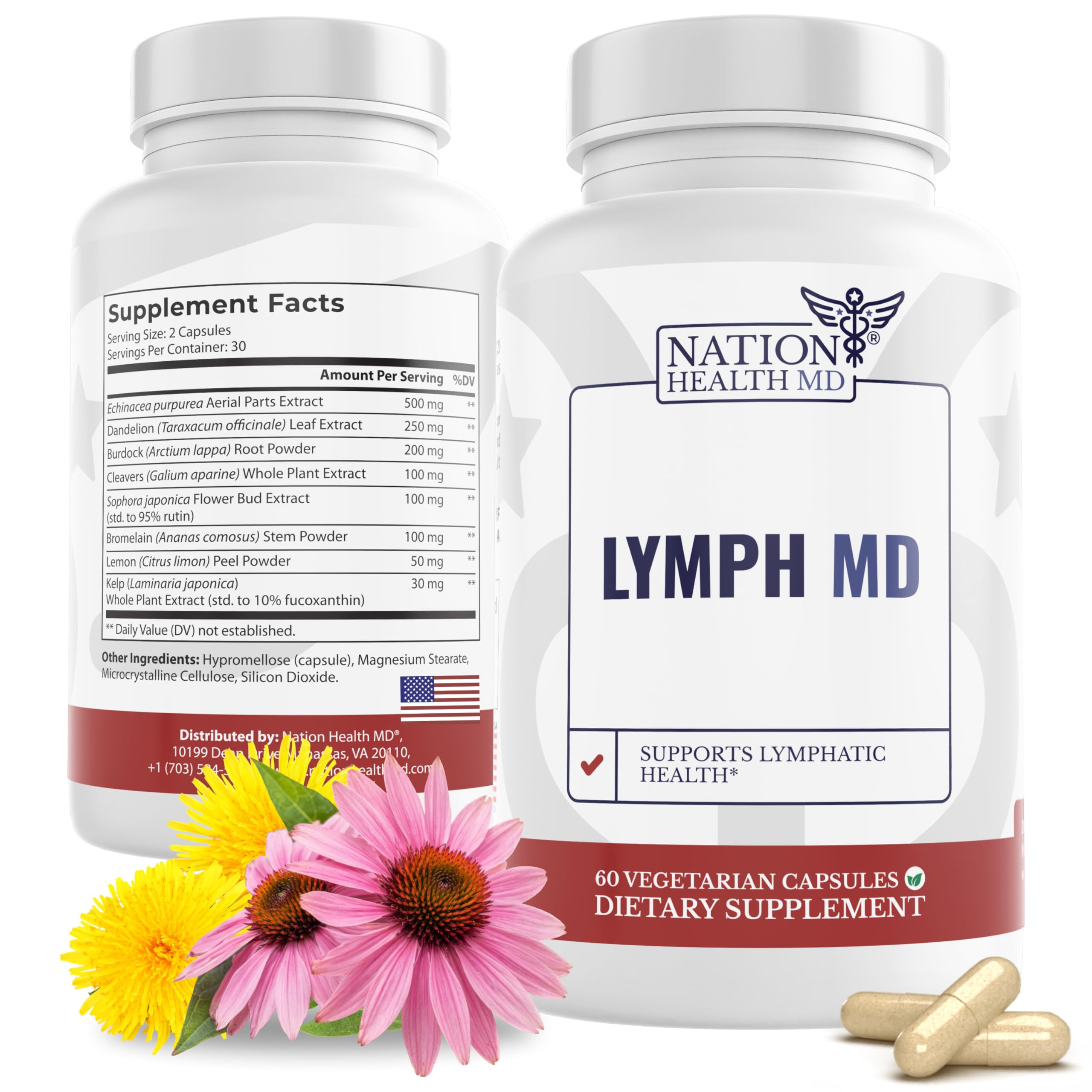 Nation Health MD Lymph MD bottle front view for easy daily capsule intake.