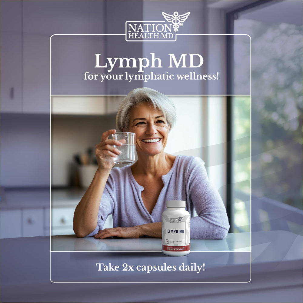 Nation Health MD Lymph MD bottle beside measuring spoon for daily use.