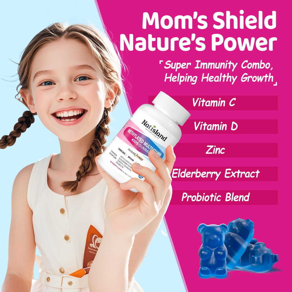 NATISLAND Kids immune-support blend with C, D, zinc, and elderberry for daily resilience.