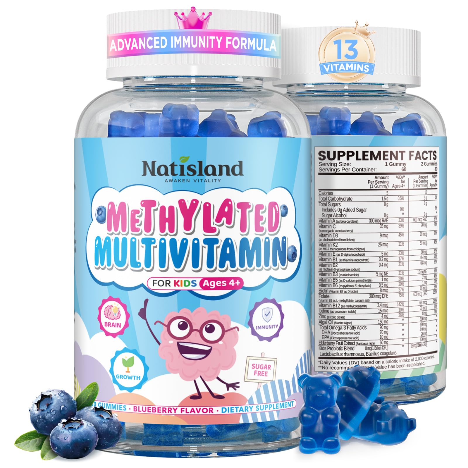 NATISLAND Kids Methylated Multivitamin Gummies bottle for easy daily nutrition.