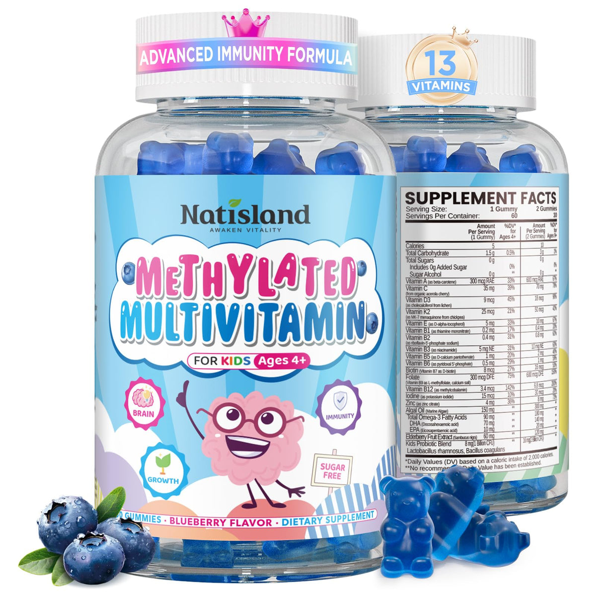 NATISLAND Kids Methylated Multivitamin Gummies bottle for easy daily nutrition.