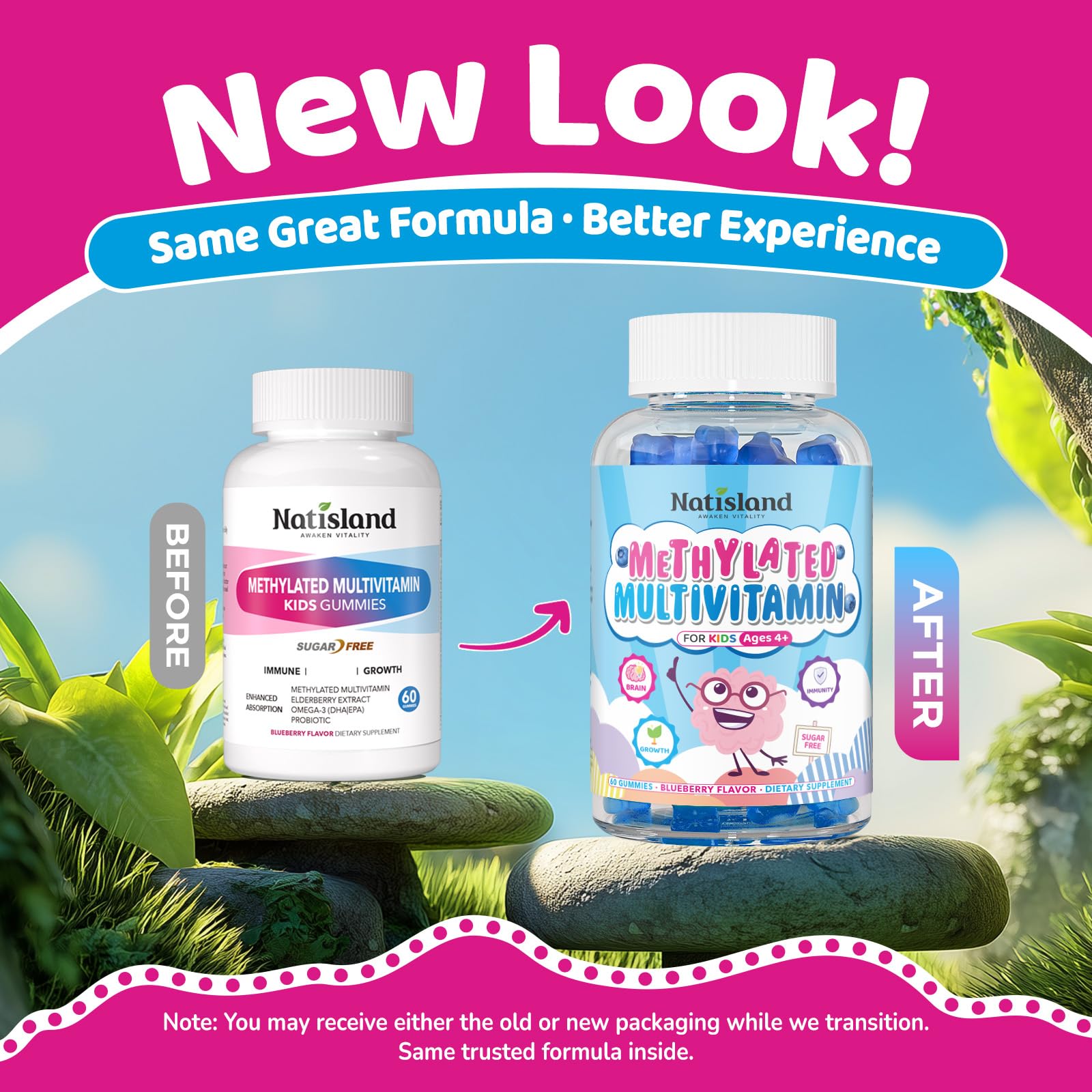 NATISLAND Kids methylfolate and B12 blend emphasizes methylated vitamins for absorption.