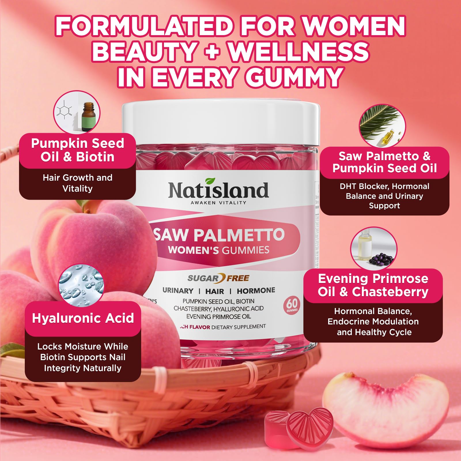 Ingredients blend of NATISLAND gummies with pumpkin seed oil and saw palmetto