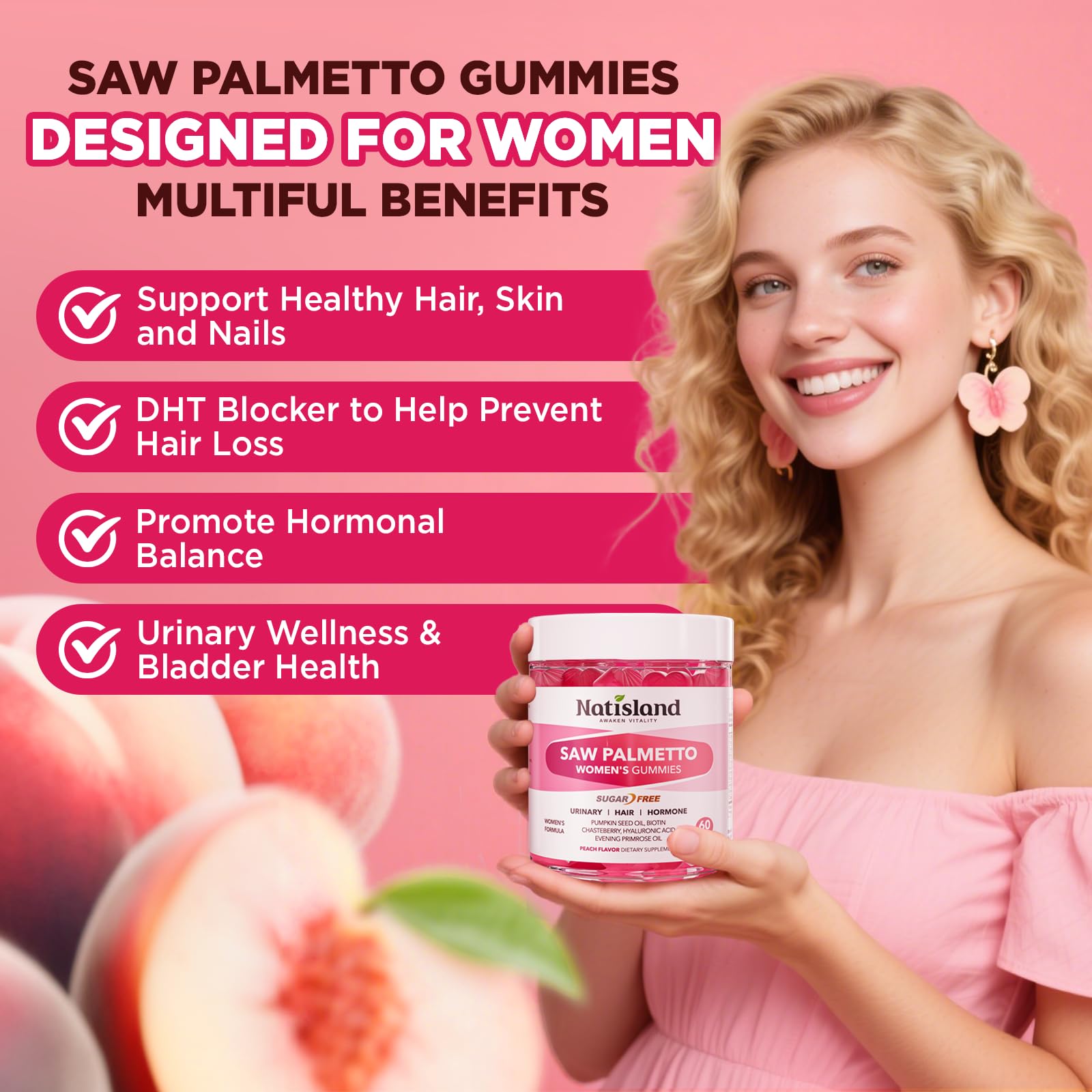 Peach-flavored NATISLAND gummies close-up highlighting sugar-free indulgence
