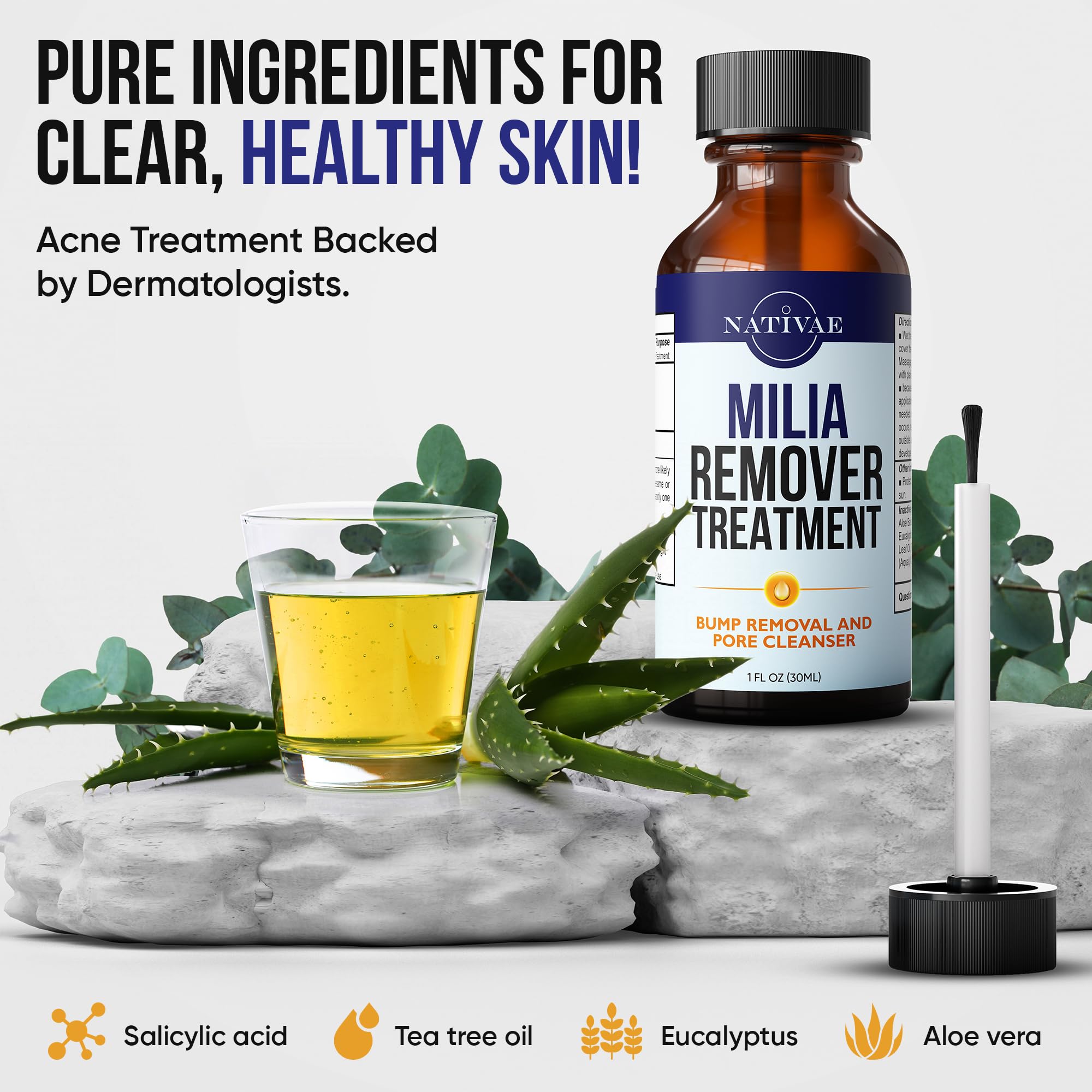 Nativae Milia Remover face close-up showing easy daily use on sensitive skin.