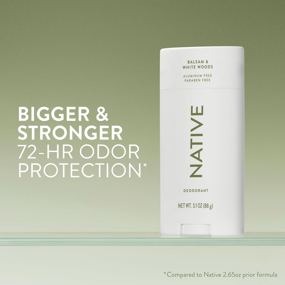 Native aluminum-free deodorant provides up to 72-hour odor protection in action