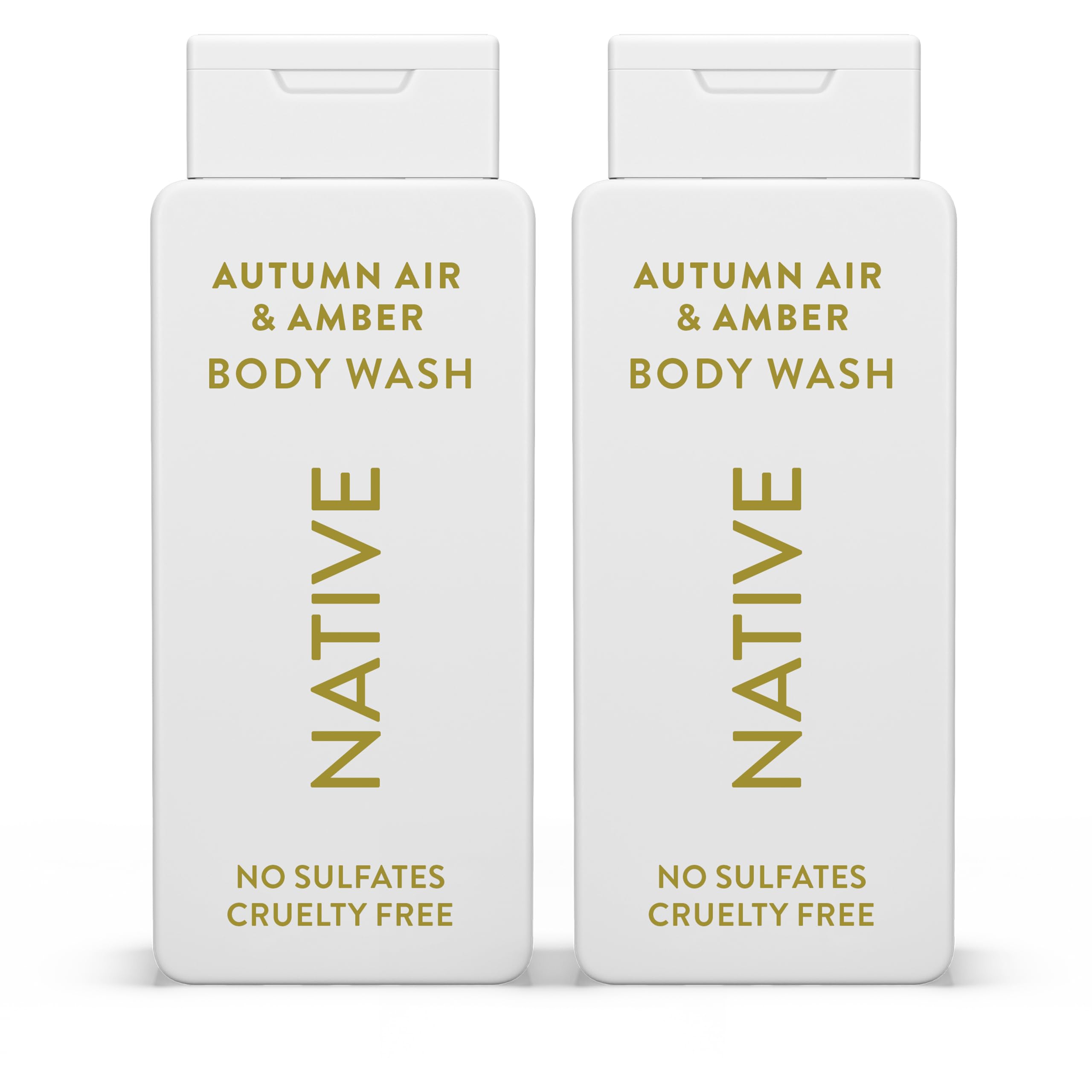 Native Autumn Air & Amber body wash bottle with rich lather, gentle cleanse.