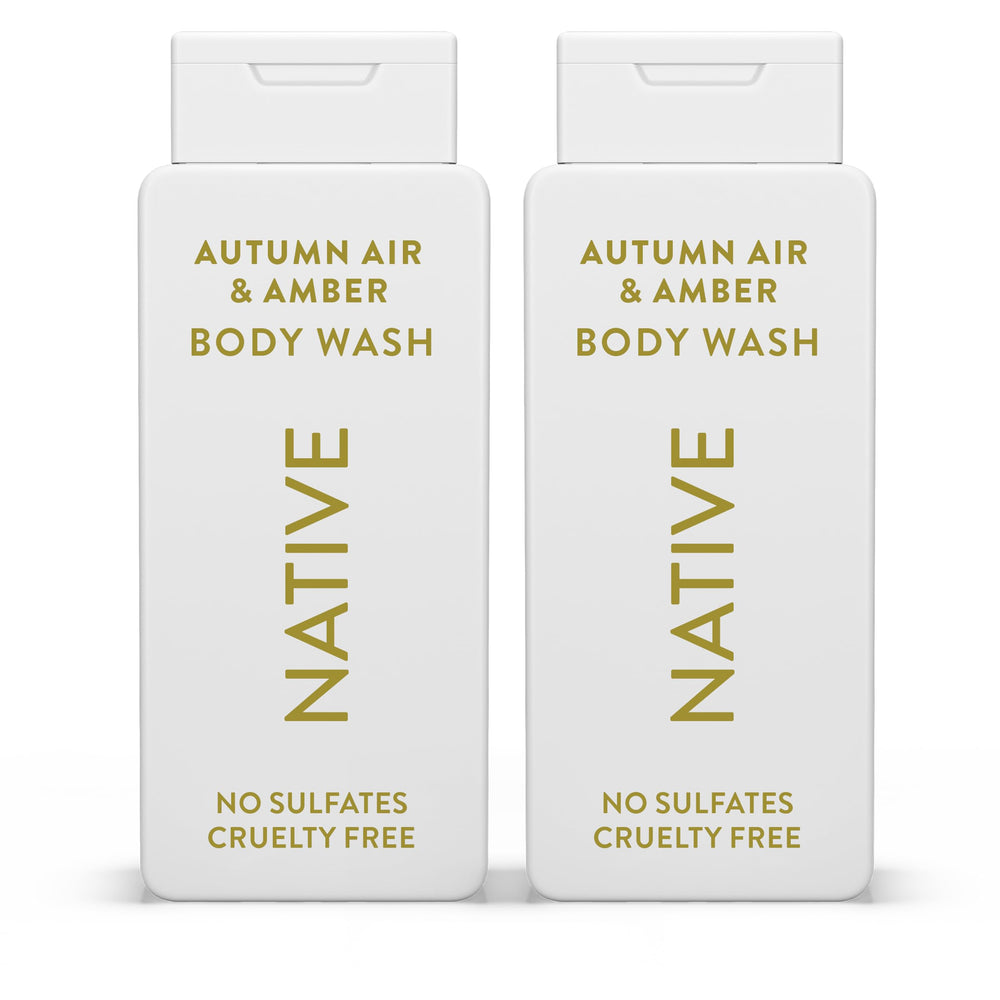 Native Autumn Air & Amber body wash bottle with rich lather, gentle cleanse.