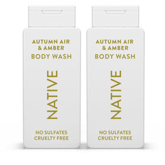 Native Autumn Air & Amber body wash bottle with rich lather, gentle cleanse.