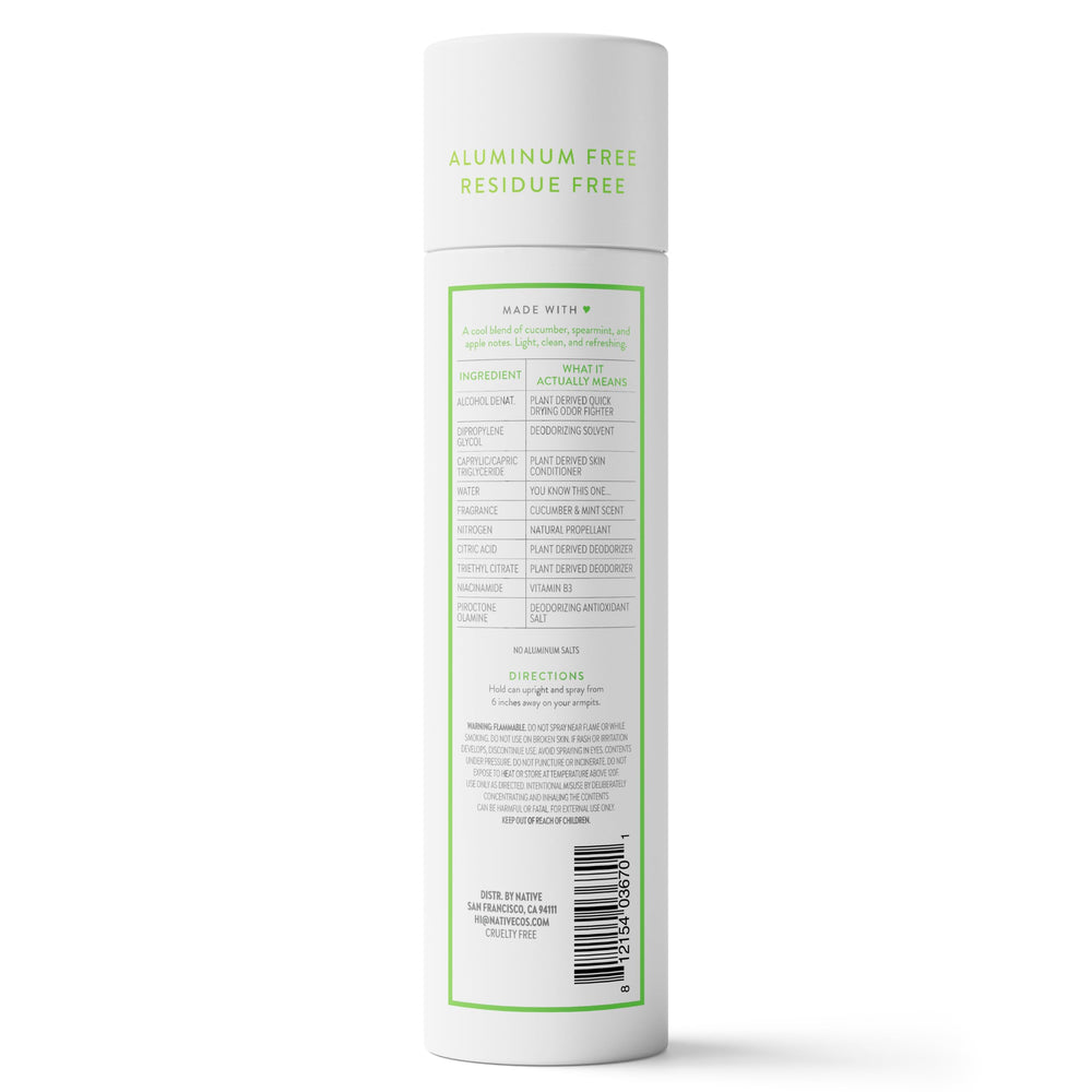 Native body-care routine shot with cucumber-mint spray on skin