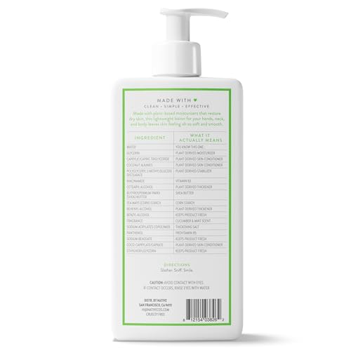 Bathroom shelf display of Native Body Lotion with cucumber mint imagery.