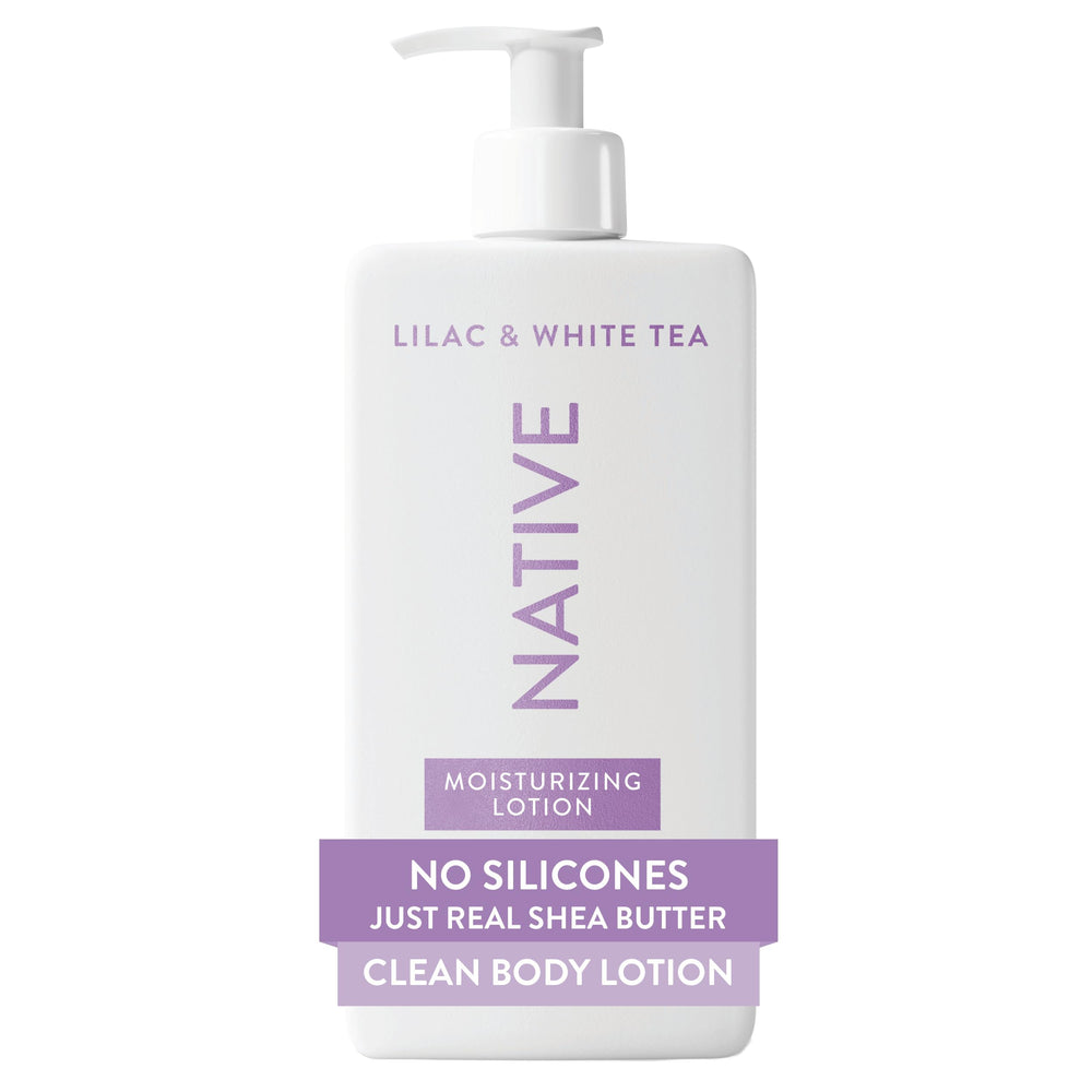 Native Body Lotion bottle with lilac and white tea aroma, ready for daily use.