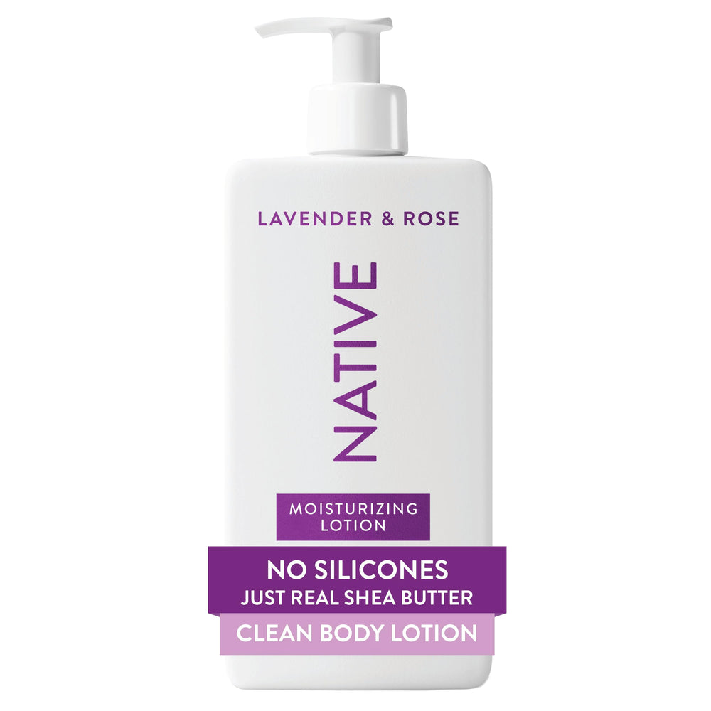 Native Body Lotion lavender-rose bottle highlights calming scent and hydration.