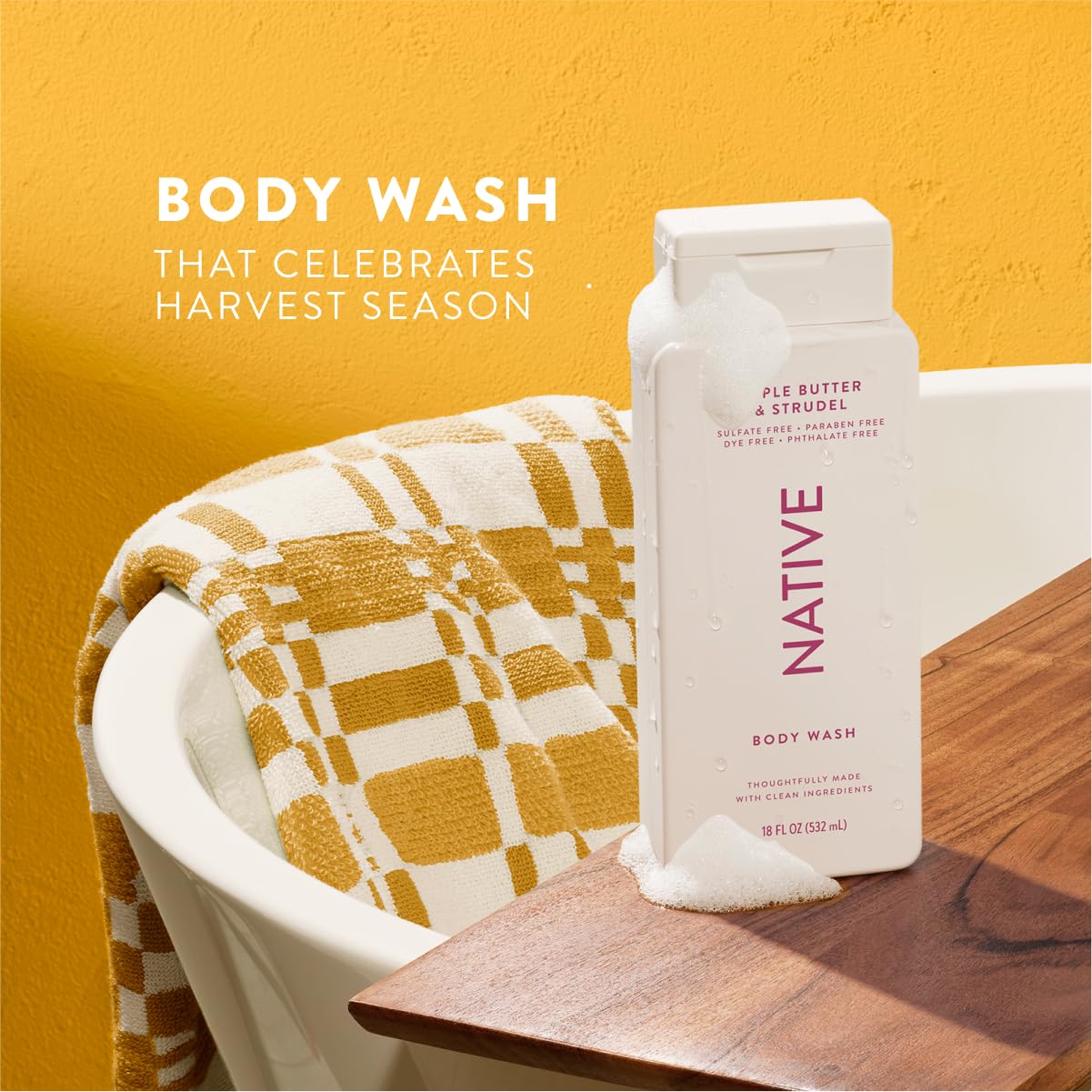 Native Body Wash label closeup highlights sulfate-free formula for gentle skin.