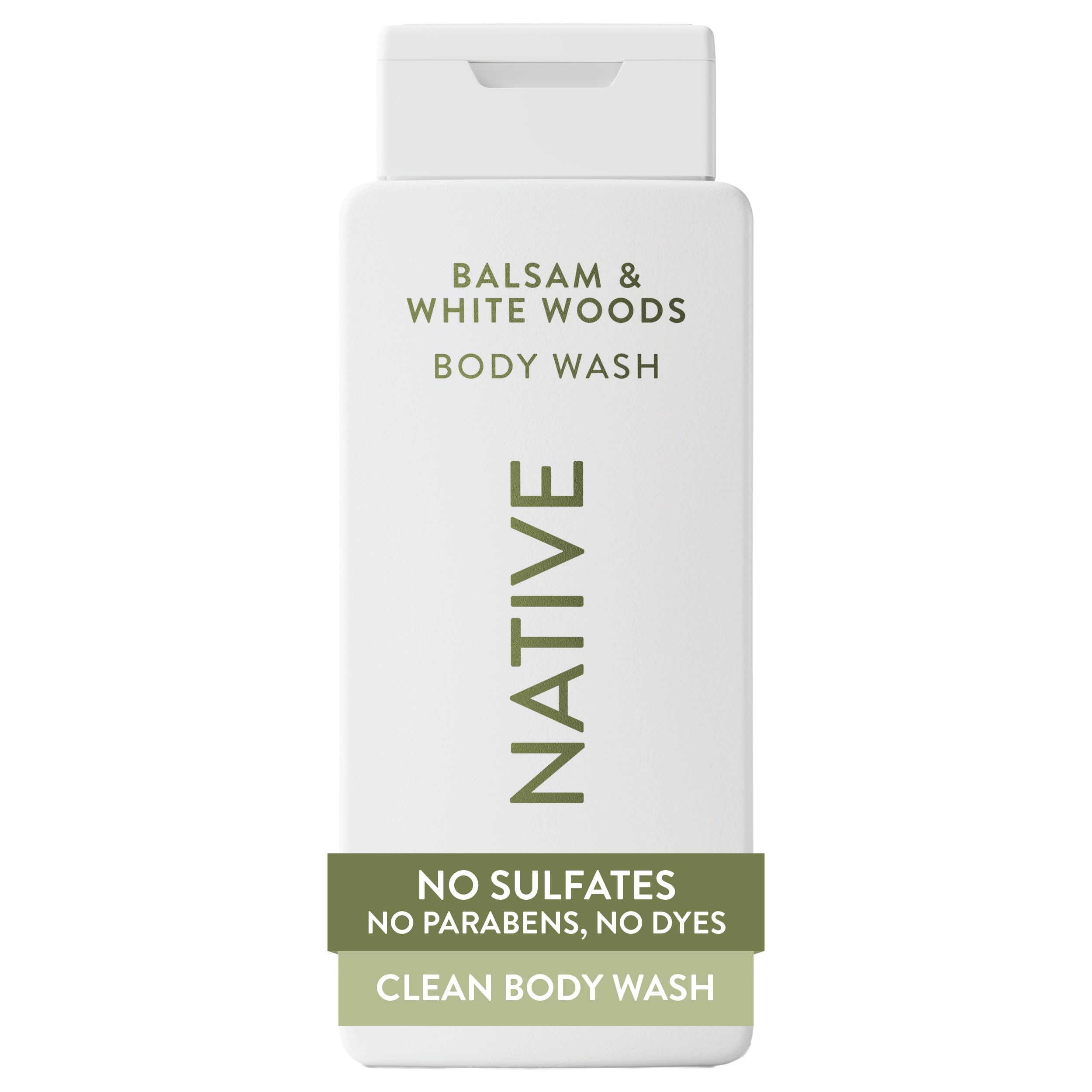 Native Body Wash bottle with balsam and white woods scent for a soothing morning shower.