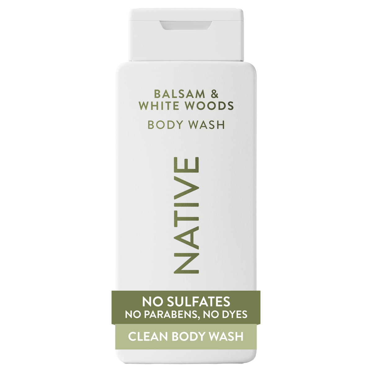 Native Body Wash bottle with balsam and white woods scent for a soothing morning shower.