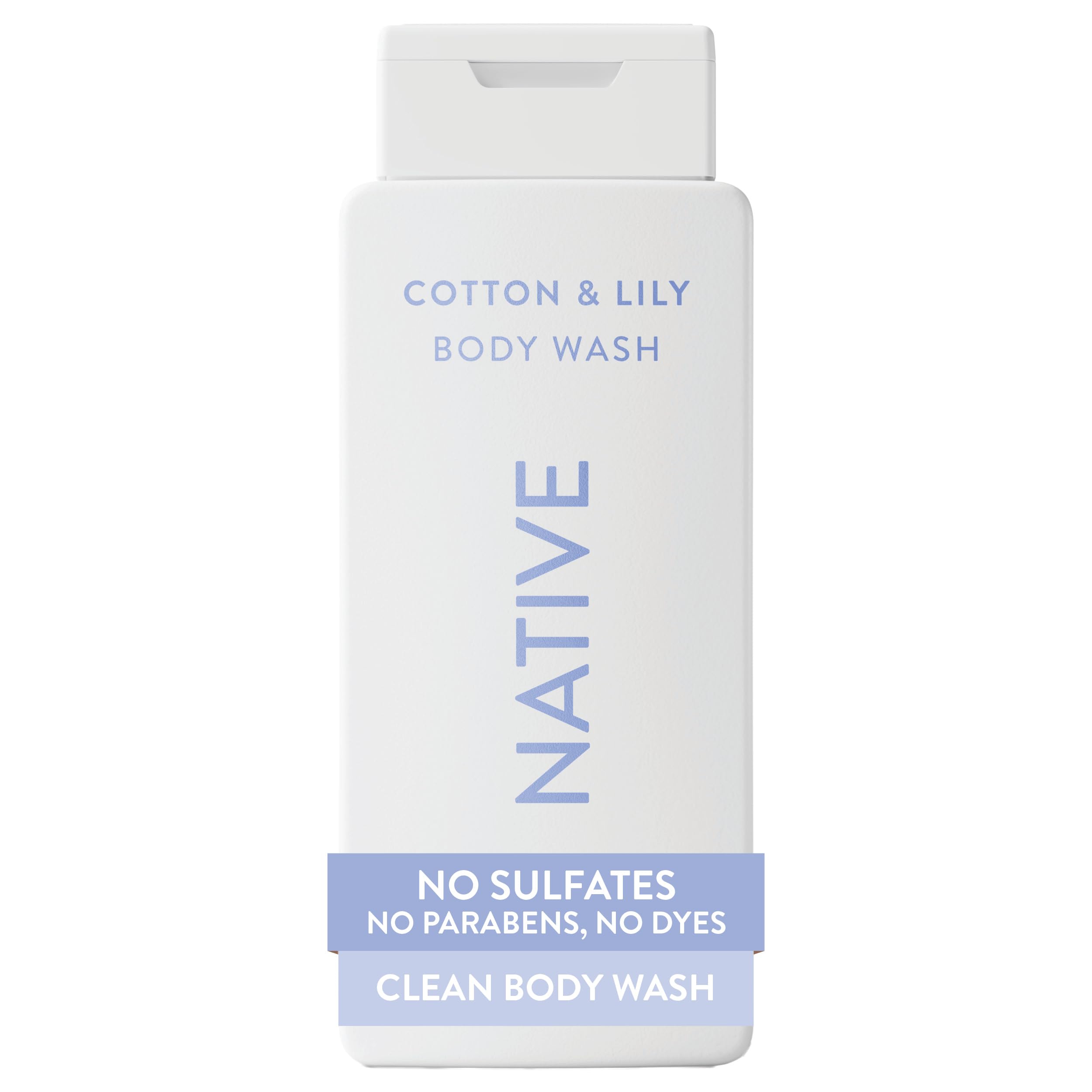 Native Body Wash Cotton & Lily bottle pouring with creamy lather for soft, hydrated skin