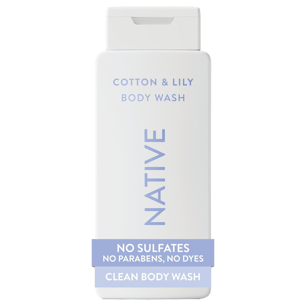 Native Body Wash Cotton & Lily bottle pouring with creamy lather for soft, hydrated skin
