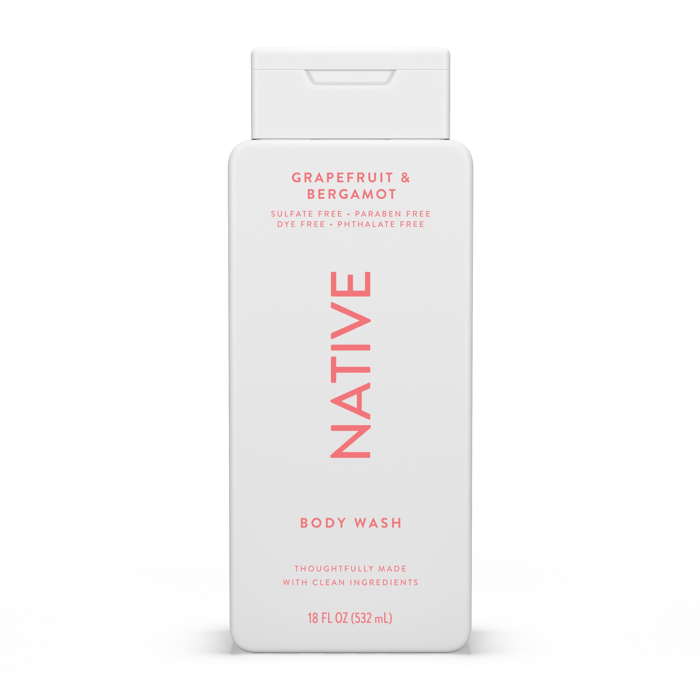 Native Body Wash Grapefruit Bergamot bottle pour for a refreshing cleanse.