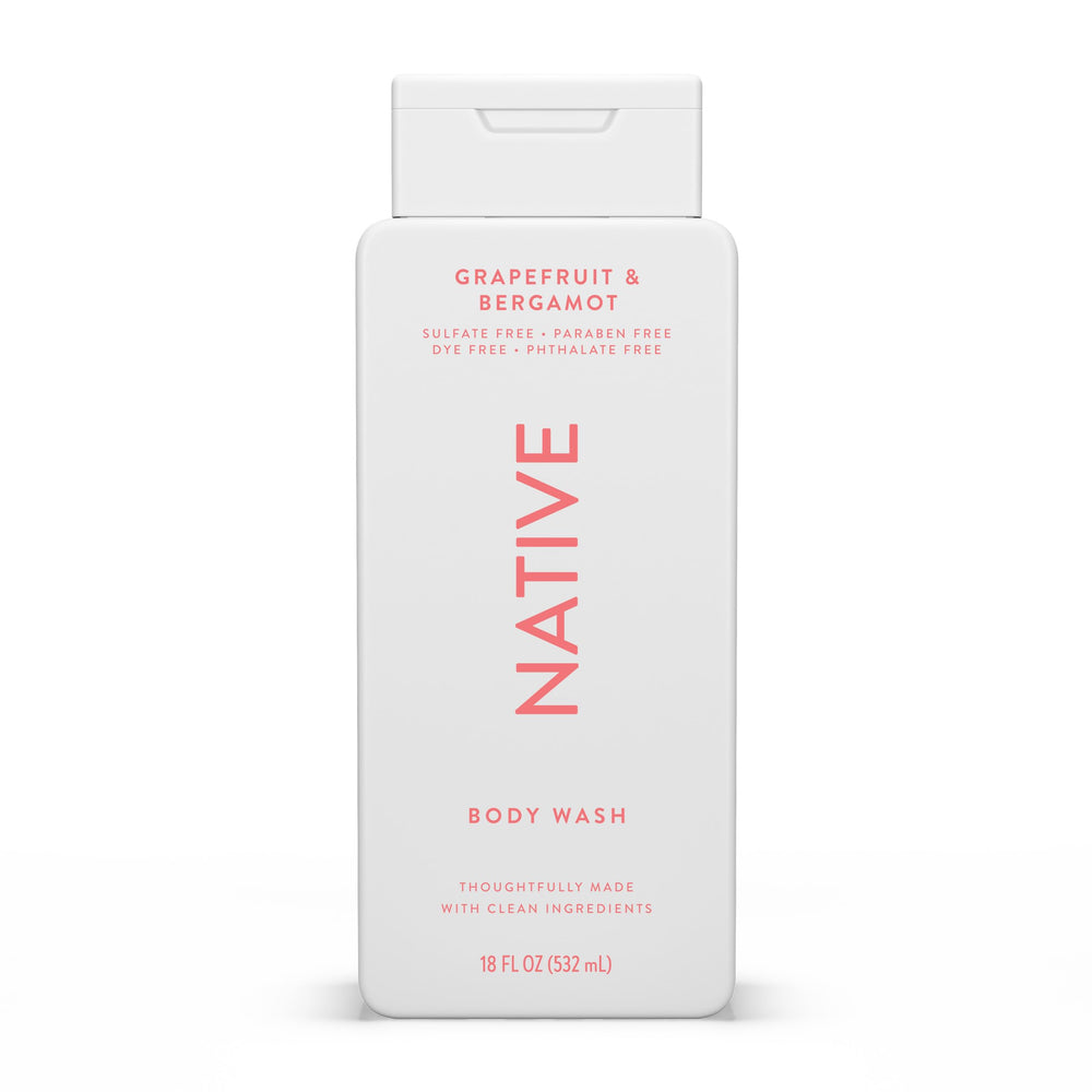 Native Body Wash Grapefruit Bergamot bottle pour for a refreshing cleanse.