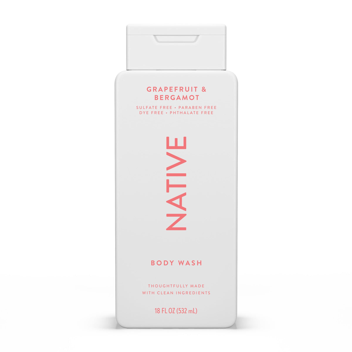 Native Body Wash Grapefruit Bergamot bottle pour for a refreshing cleanse.