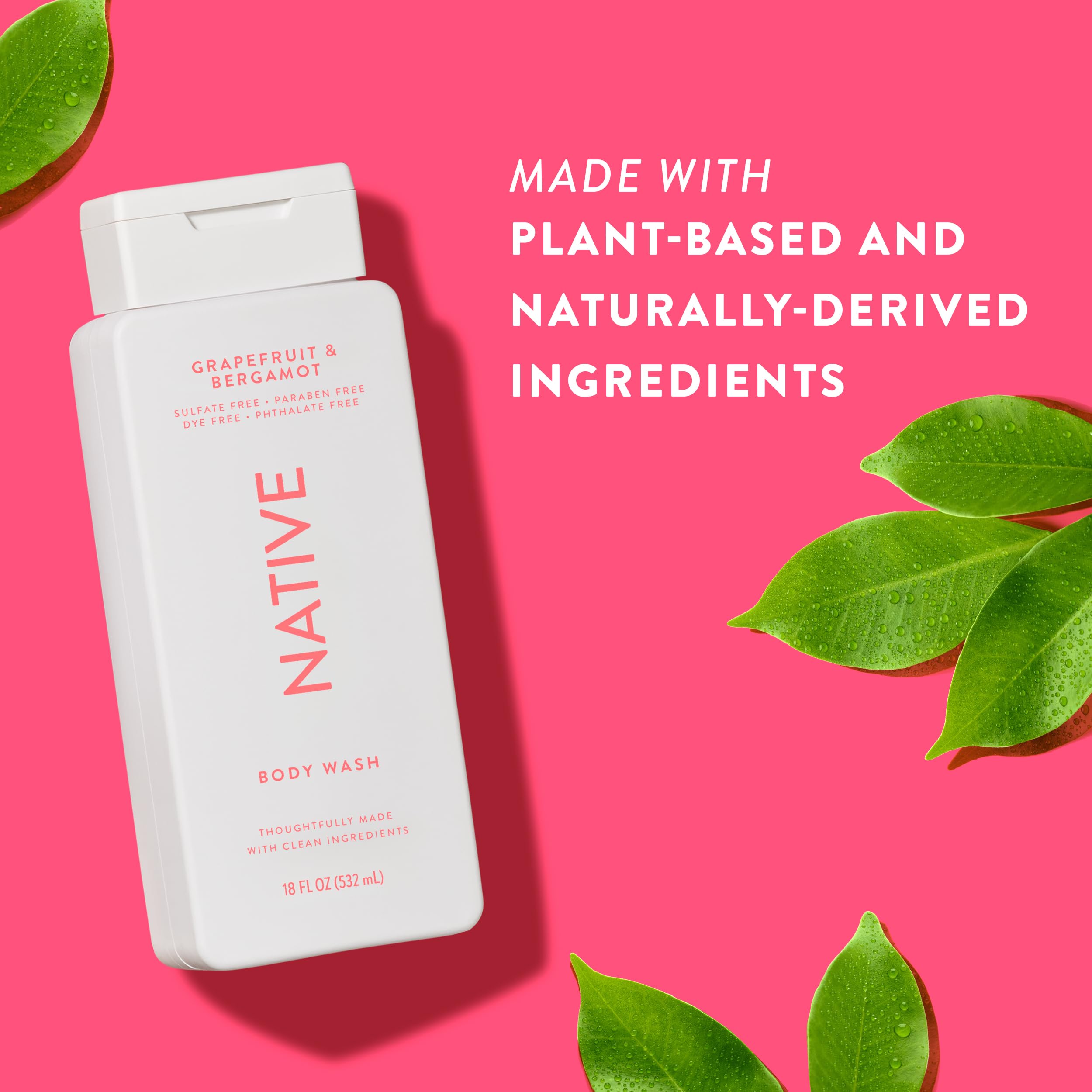 Native Body Wash label close-up highlights vegan, dye-free formula.