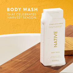 Close-up of Native body wash creamy lather on skin, non-drying formula.