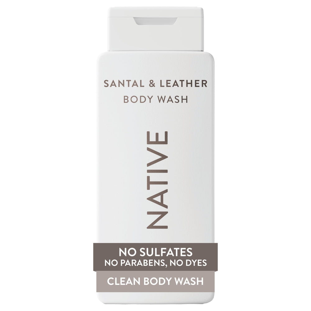 Native Body Wash Santal Leather bottle pour highlights premium fragrance.