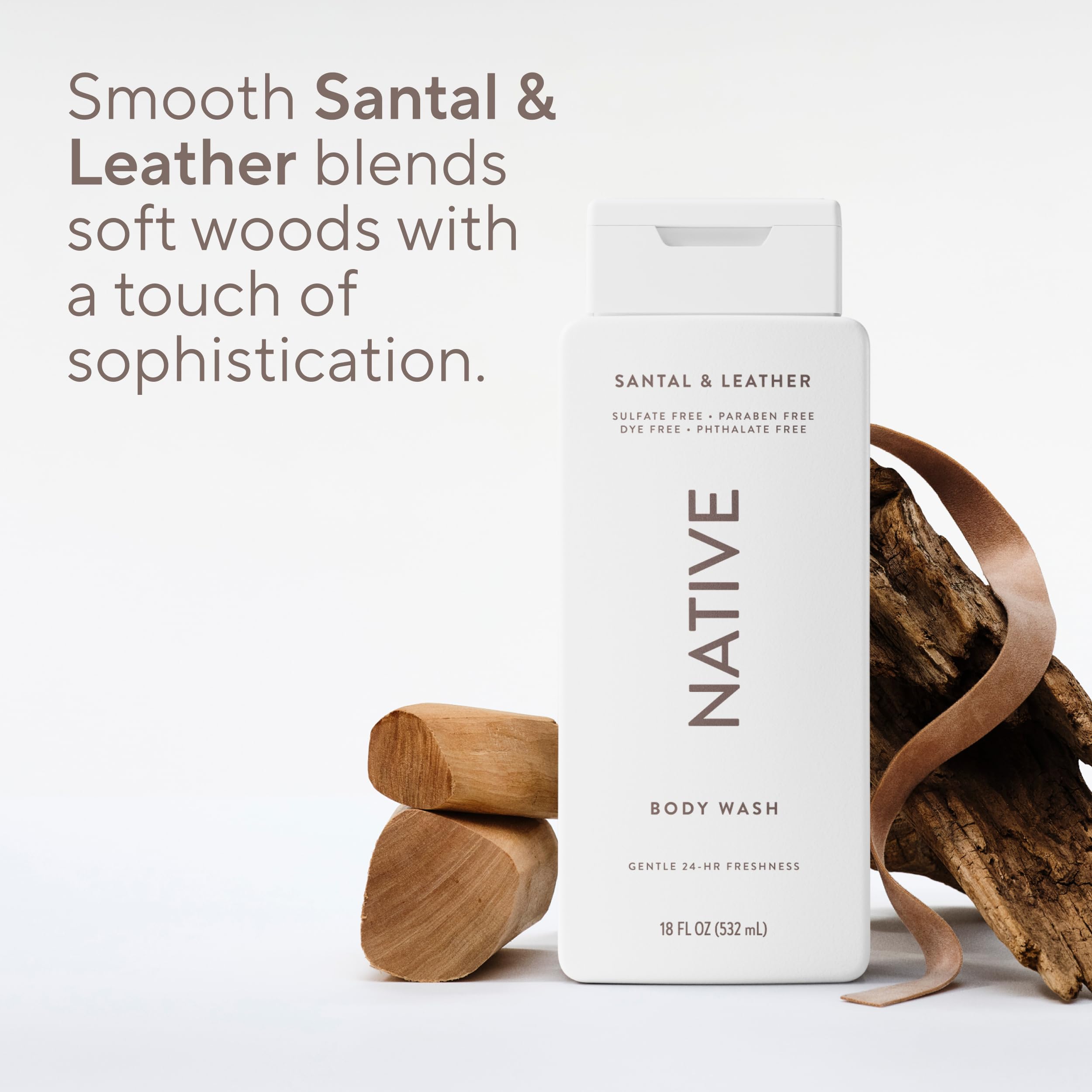 Native Body Wash Santal Leather rinse-action indicates quick, clean wash.