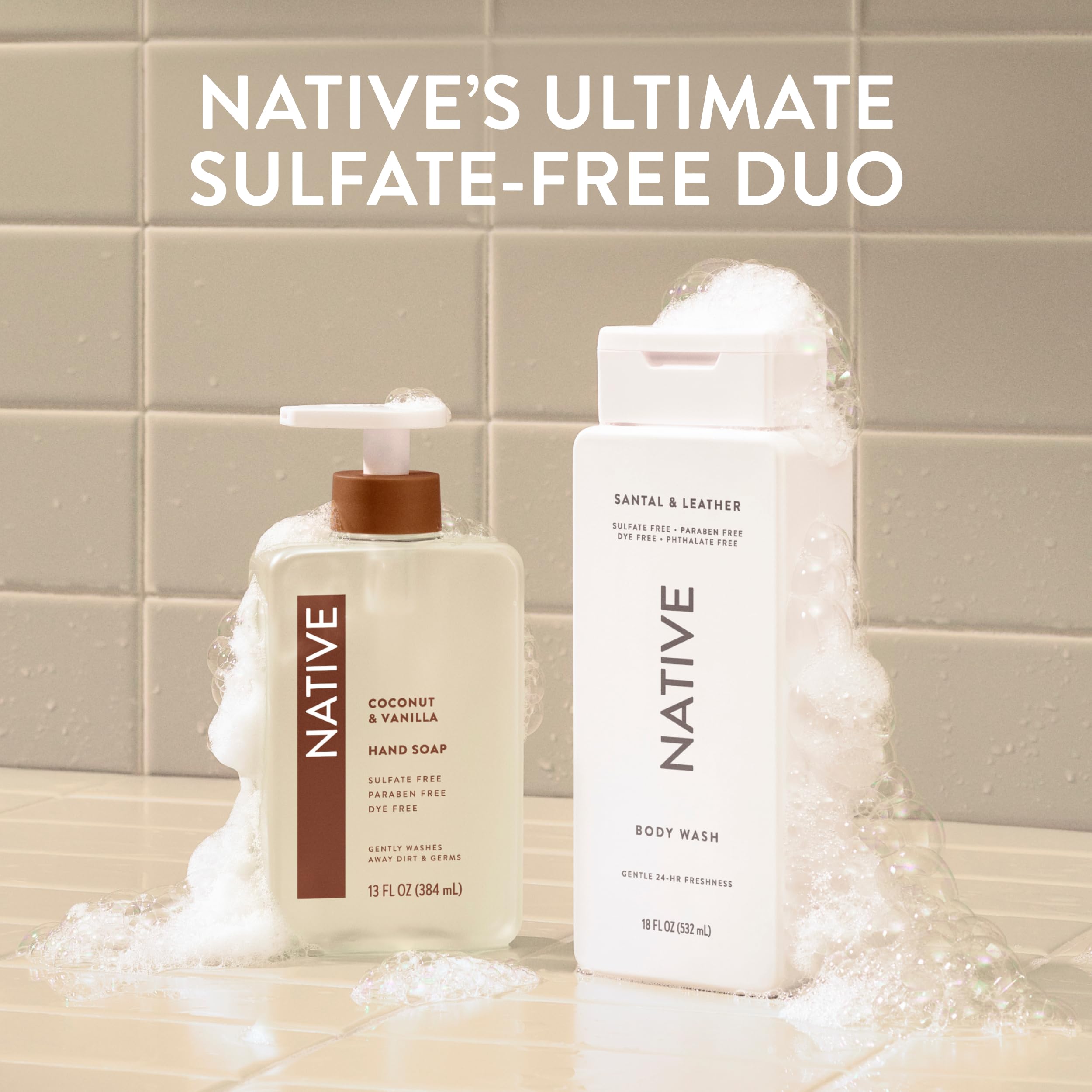 Native Body Wash Santal Leather shower scene evokes spa-like mood.