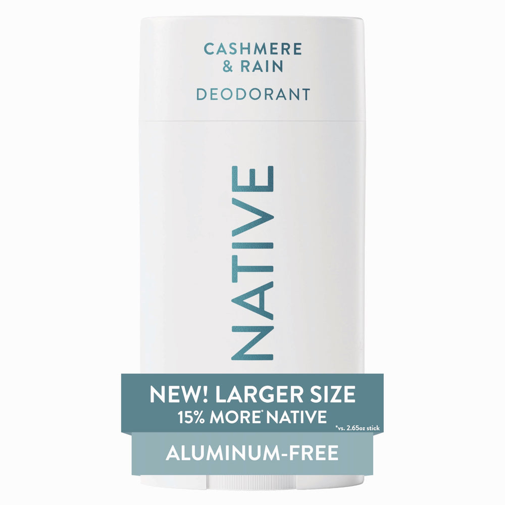 Native Cashmere & Rain deodorant stick offers a silky glide for daily freshness.