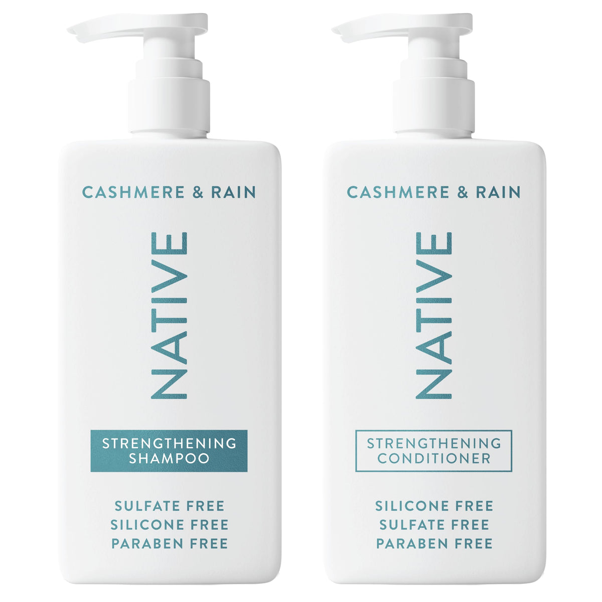 Native Cashmere & Rain shampoo bottle pouring for clean, refreshed hair