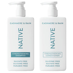 Native Cashmere & Rain shampoo bottle pouring for clean, refreshed hair
