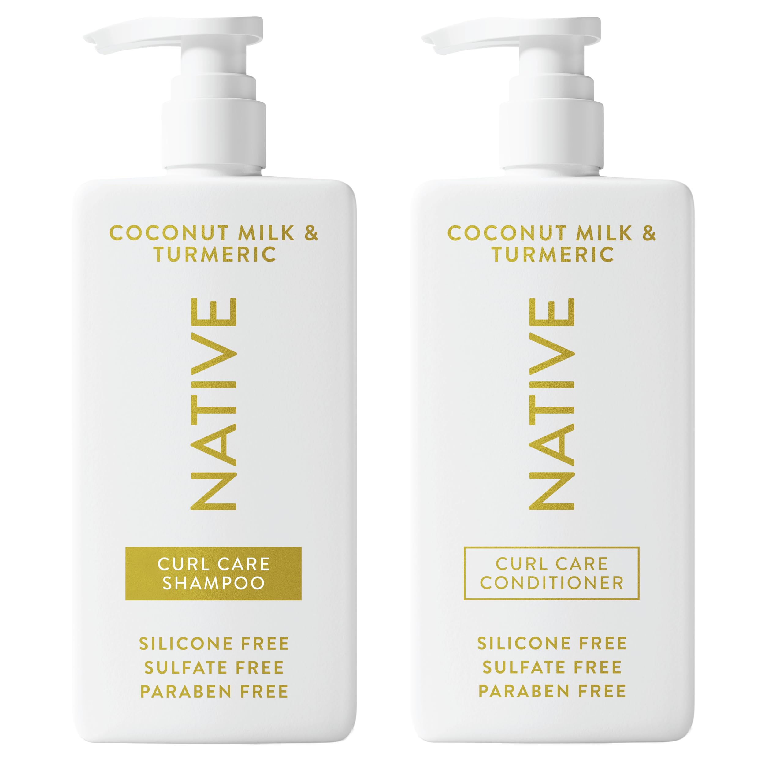 Native Coconut & Turmeric Shampoo bottle highlighting natural ingredients for gentle cleansing.