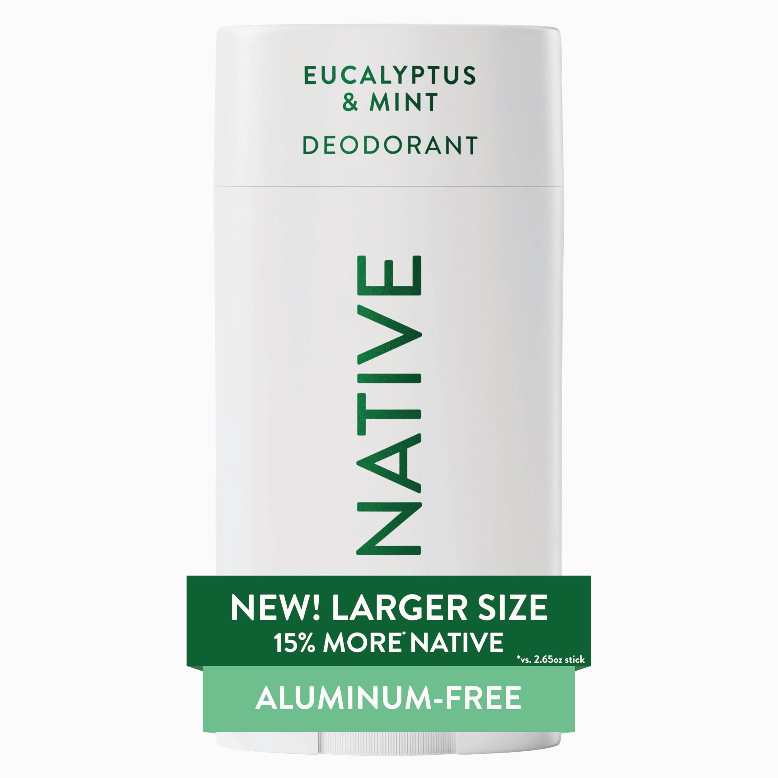 Native eucalyptus mint deodorant stick close-up shows smooth glide and aluminum-free formula