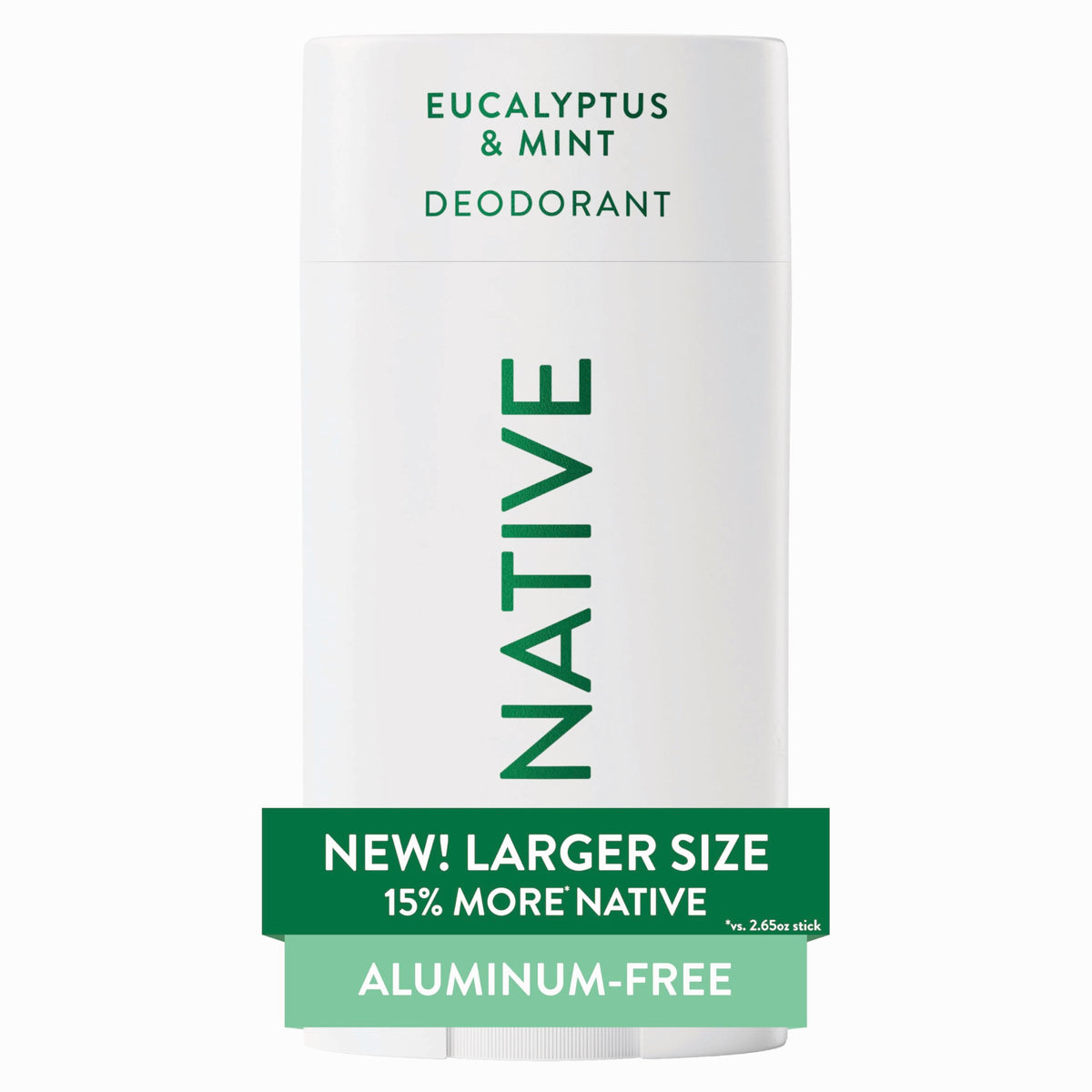 Native eucalyptus mint deodorant stick close-up shows smooth glide and aluminum-free formula