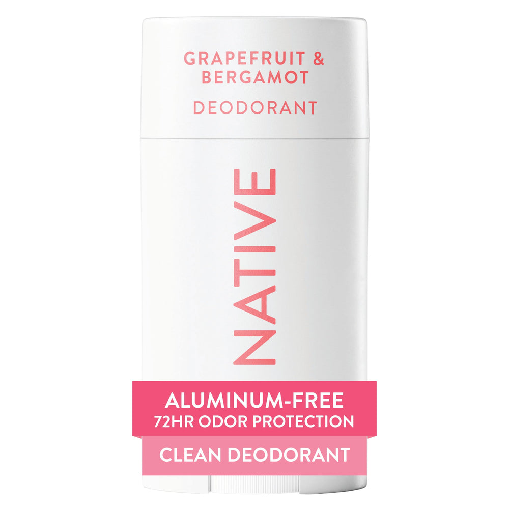 Native deodorant grapefruit-bergamot bottle highlights refreshing scent and aluminum-free formula.