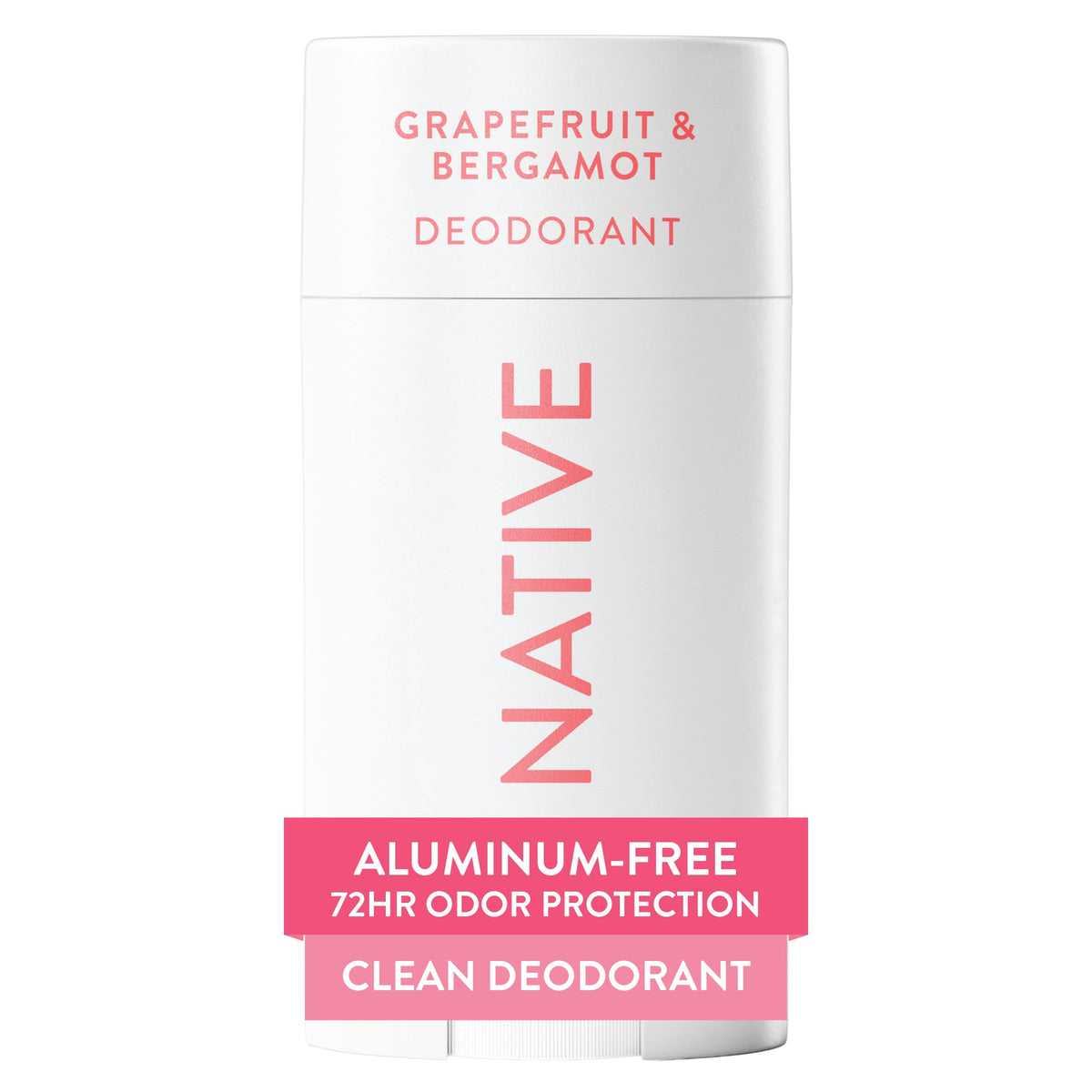 Native deodorant grapefruit-bergamot bottle highlights refreshing scent and aluminum-free formula.